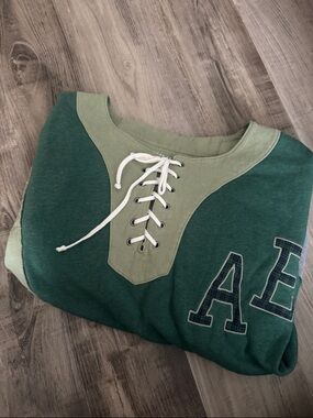 American Eagle Olive and Dark Green Lace-Up Pullover